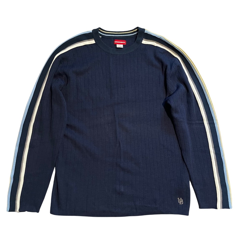 Unionbay Mens Ribbed Crewneck Sweater Navy Blue Striped Sleeve Vintage Large